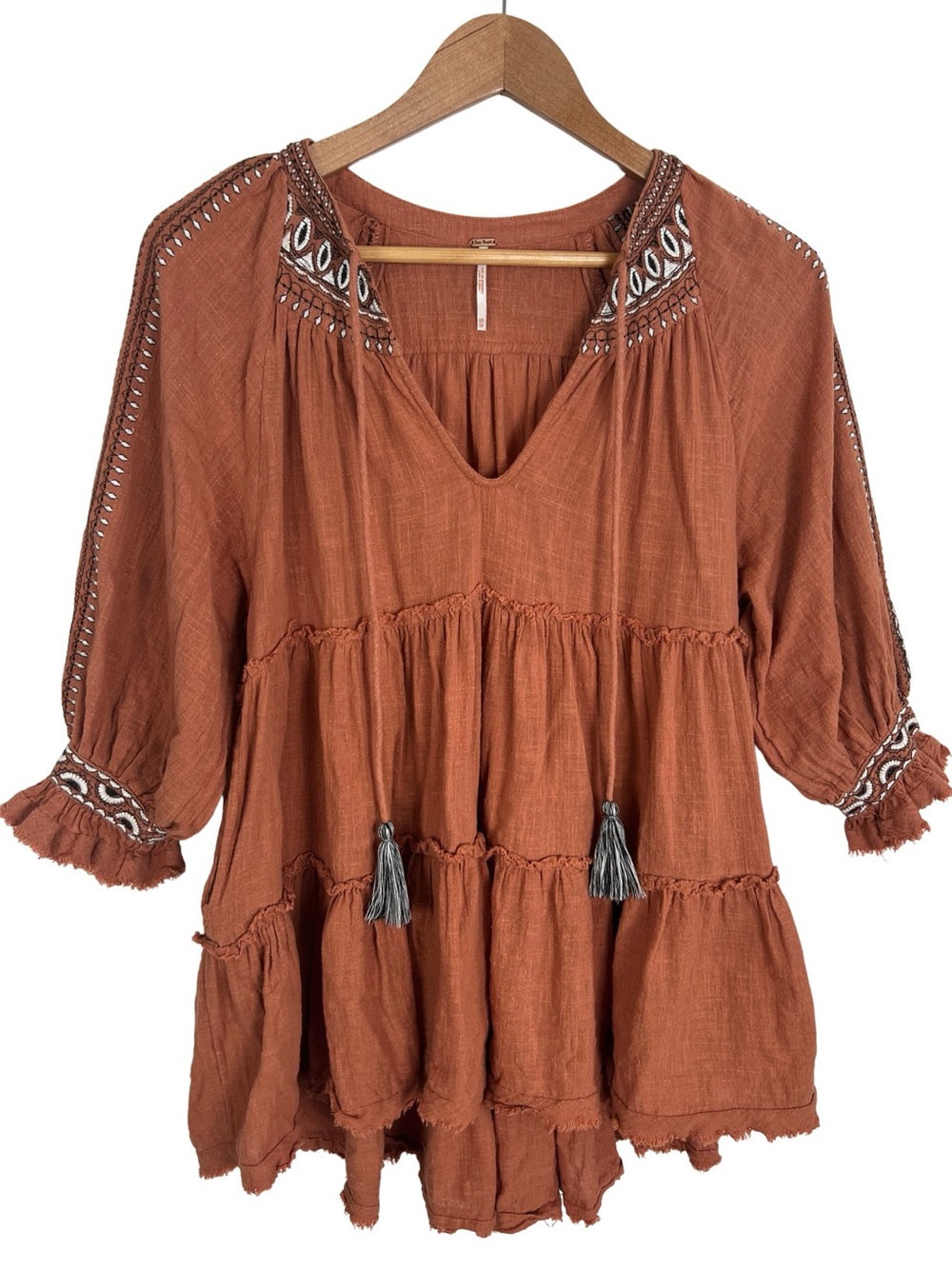 Free People Dream Weaver Embroidered Tunic Top Terracotta XS 100% Cotton Boho